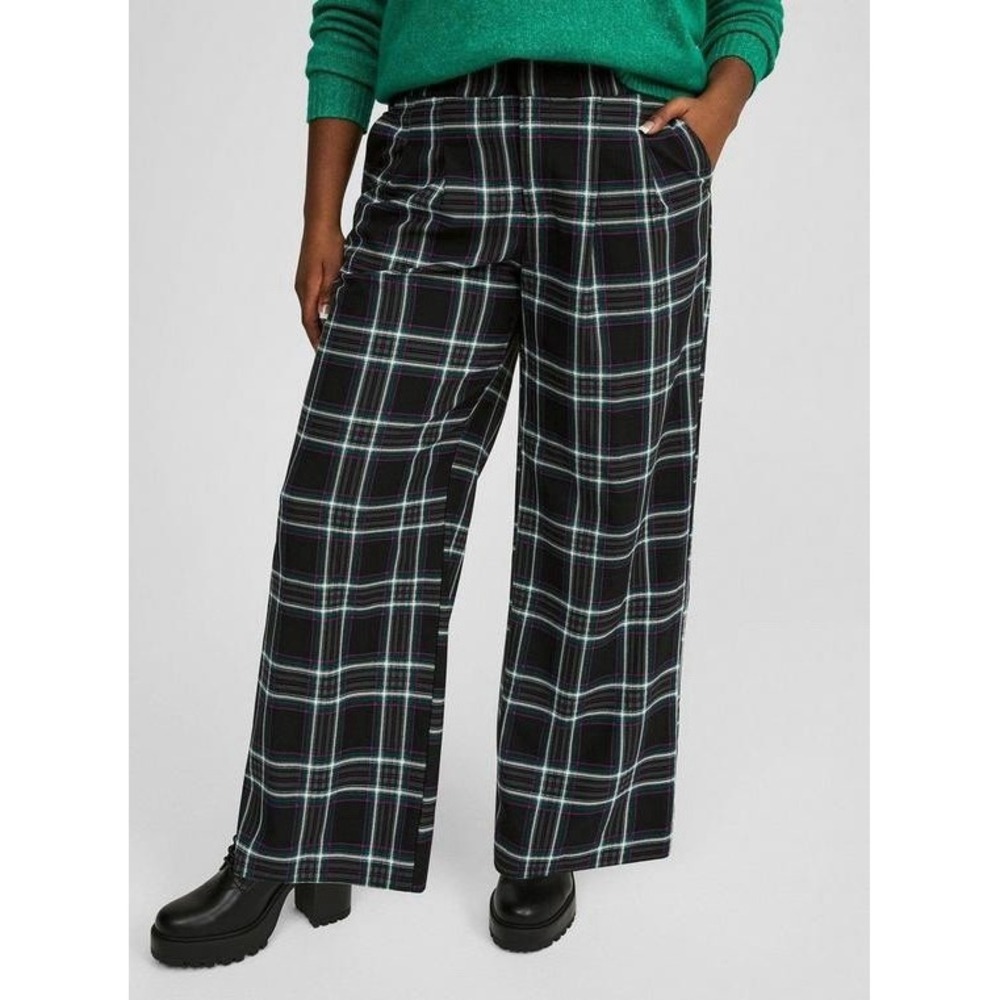 Plaid Wide-Leg Pants - Black/Mint